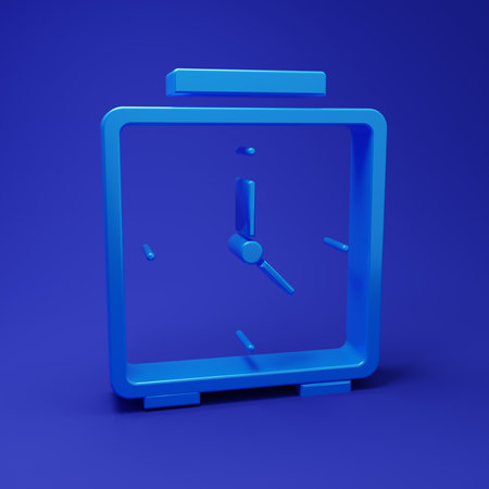 Blue Alarm clock icon isolated on blue background. Wake up, get up concept. Time sign. Minimalism...