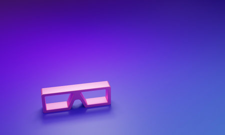 Pink 3D cinema glasses icon isolated on purple-blue background. Minimalism concept. 3D render illustration.の写真素材