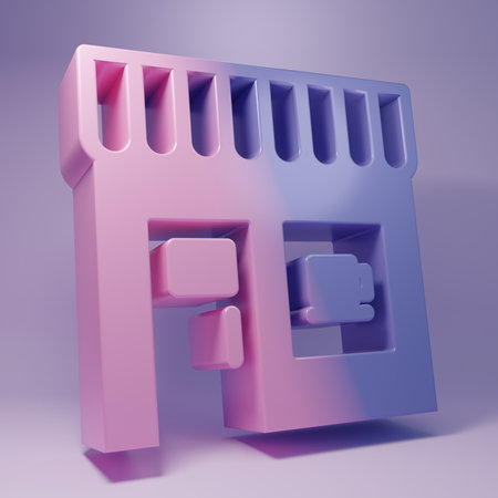 Purple Coffee shop icon isolated on purple background. Minimalism concept. 3D render illustration.の写真素材