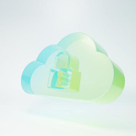 Frosted glass Cloud computing lock icon isolated on white background. Security, safety, protection concept. Minimalism concept. 3D render illustration.の写真素材