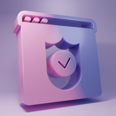 Purple Browser with shield icon isolated on purple background. Security, safety, protection, privacy concept. Minimalism concept. 3D render illustration.の写真素材