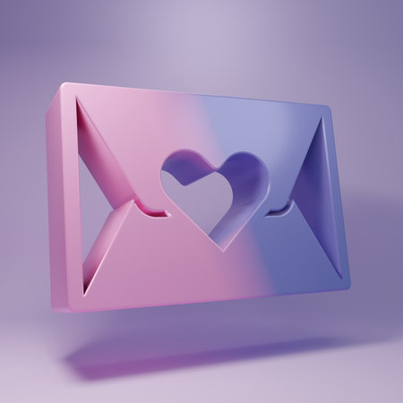 Purple Envelope with Valentine heart icon isolated on purple background. Message love. Letter love and romance. Minimalism concept. 3D render illustration.の写真素材