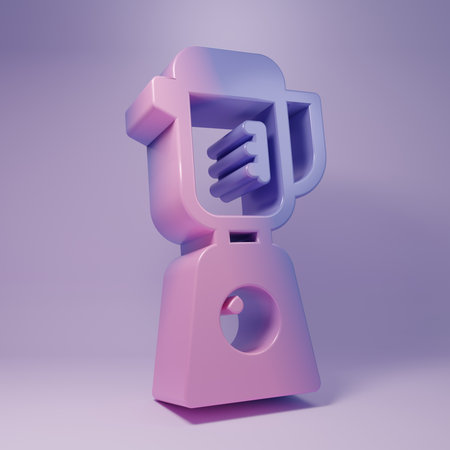 Purple Blender icon isolated on purple background. Kitchen electric stationary blender with bowl. Cooking smoothies, cocktail or juice. Minimalism concept. 3D render illustration.の写真素材