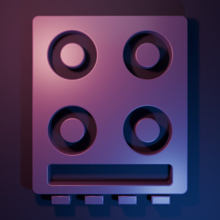Purple Gas stove icon isolated on purple-blue background. Cooktop sign. Hob with four circle burners. Minimalism concept. 3D render illustration.の写真素材