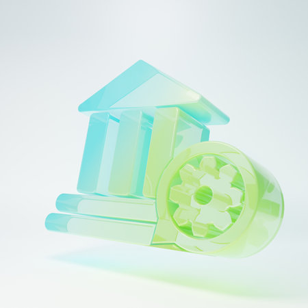Frosted glass Bank building and gear icon isolated on white background. Adjusting app, service concept, setting options, maintenance, repair, fixing. Minimalism concept. 3D render illustration.の写真素材
