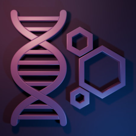 Purple Genetic engineering icon isolated on purple-blue background. DNA analysis, genetics testing, cloning, paternity testing. Minimalism concept. 3D render illustration.の写真素材