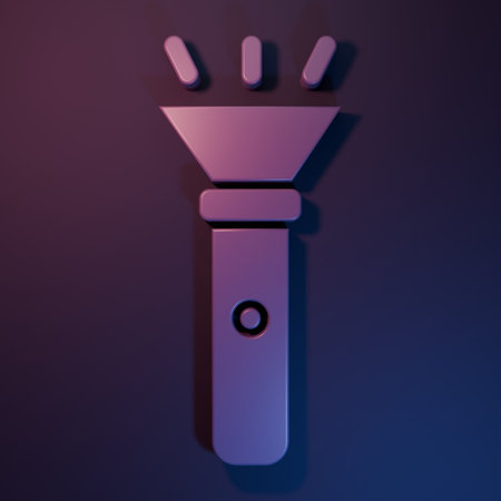 Purple Flashlight icon isolated on purple-blue background. Minimalism concept. 3D render illustration.の写真素材