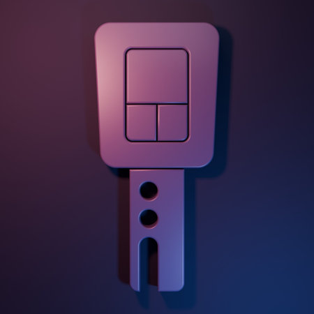 Purple Car key with remote icon isolated on purple-blue background. Car key and alarm system. Minimalism concept. 3D render illustration.の写真素材
