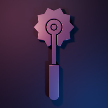 Purple Pizza knife icon isolated on purple-blue background. Pizza cutter sign. Steel kitchenware equipment. Minimalism concept. 3D render illustration.の写真素材