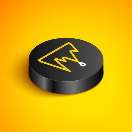 Isometric line Icicle icon isolated on yellow background. Stalactite, ice spikes. Winter weather, snow crystals. Black circle button. Vector.のイラスト素材