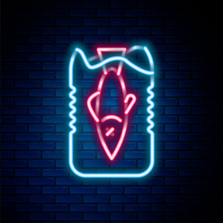 Glowing neon line Stop ocean plastic pollution icon isolated on brick wall background. Environment protection concept. Fish say no to plastic. Colorful outline concept. Vector.のイラスト素材