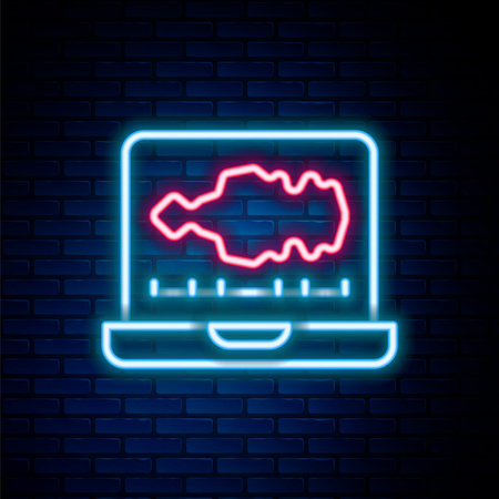 Glowing neon line Sound or audio recorder or editor software on laptop icon isolated on brick wall background. Colorful outline concept. Vector.のイラスト素材