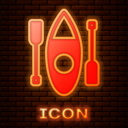 Glowing neon Kayak and paddle icon isolated on brick wall background. Kayak and canoe for fishing and tourism. Outdoor activities. Vector.のイラスト素材