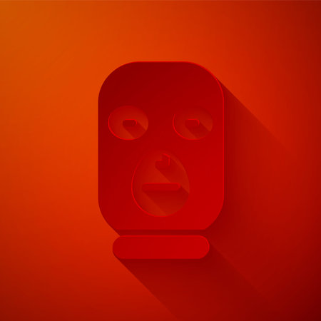 Paper cut Thief mask icon isolated on red background. Bandit mask, criminal man. Paper art style. Vector.のイラスト素材