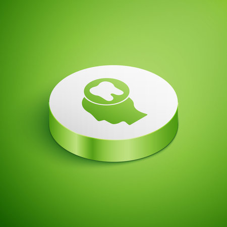 Isometric Human head with tooth icon isolated on green background. Tooth symbol for dentistry clinic or dentist medical center and toothpaste package. White circle button. Vector.のイラスト素材
