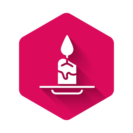 White Aroma candle icon isolated with long shadow. Pink hexagon button. Vector.のイラスト素材