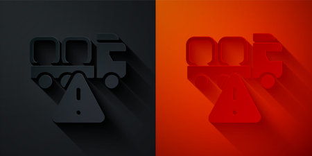 Paper cut Stop delivery cargo truck vehicle icon isolated on black and red background. Paper art style. Vector.のイラスト素材