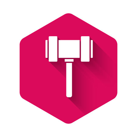 White Judge gavel icon isolated with long shadow. Gavel for adjudication of sentences and bills, court, justice. Auction hammer. Pink hexagon button. Vector..のイラスト素材