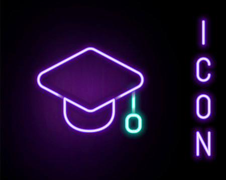 Glowing neon line Graduation cap icon isolated on black background. Graduation hat with tassel icon. Colorful outline concept. Vector.のイラスト素材