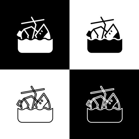 Set Sinking cruise ship icon isolated on black and white background. Travel tourism nautical transport. Voyage passenger ship, cruise liner. Vector.のイラスト素材