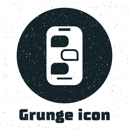 Grunge New chat messages notification on phone icon isolated on white background. Smartphone chatting sms messages speech bubbles. Monochrome vintage drawing. Vector.のイラスト素材