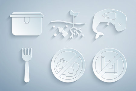 Set No trash Environment protection whale dead Disposable plastic fork Say no to bags poster Problem of pollution planet and Lunch box icon. Vector.のイラスト素材