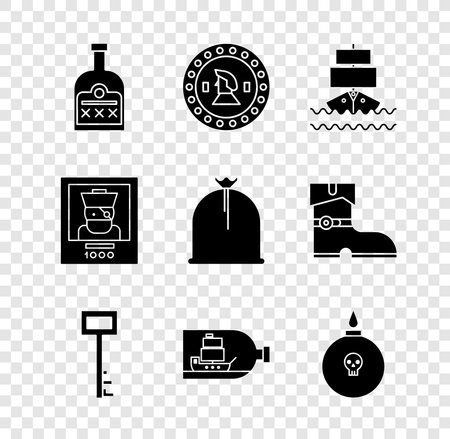 Set Alcohol drink Rum bottle Pirate coin Ship key Bottle with ship inside Bomb ready to explode Wanted poster pirate and sack icon. Vector.のイラスト素材