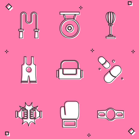 Set Jump rope Gong Punching bag Wrestling singlet Sport Vitamin pill boxing gloves and Boxing icon. Vector.のイラスト素材