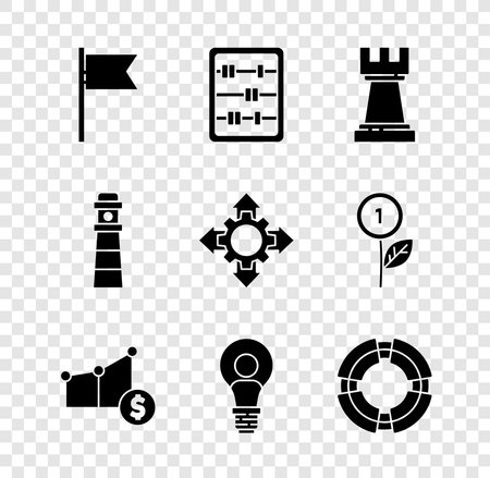 Set Location marker Abacus Chess Pie chart and dollar Head with lamp bulb Business lifebuoy Lighthouse and Project team base icon. Vector.のイラスト素材