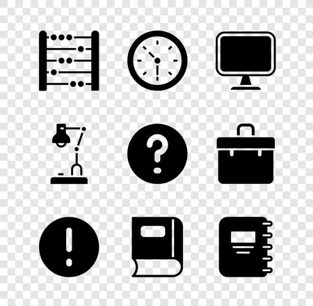Set Abacus Clock Computer monitor Speech bubble and Exclamation Book Notebook Table lamp and bubbles with Question icon. Vector.のイラスト素材