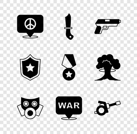 Set Location peace Military knife Pistol or gun Gas mask The word war Howitzer Police badge and reward medal icon. Vector.のイラスト素材