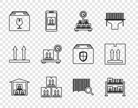 Set line Warehouse Scale with cardboard box Cardboard traffic Delivery fragile content Search barcode and icon. Vector.のイラスト素材
