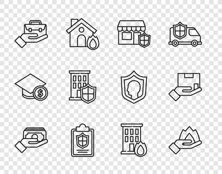Set line Stacks paper money cash Hand holding fire Shopping building with shield Document briefcase House Fire burning house and Delivery insurance icon. Vector.のイラスト素材