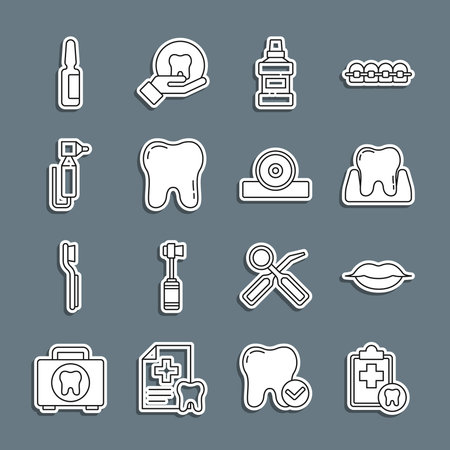 Set line Dental card Smiling lips Tooth Mouthwash bottle drill Painkiller tablet and Otolaryngological head reflector icon. Vector.のイラスト素材