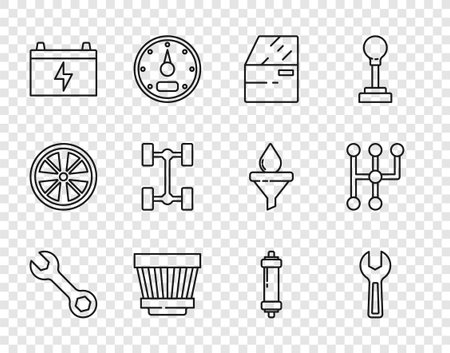 Set line Wrench spanner Car door air filter battery Chassis car Shock absorber and Gear shifter icon. Vector.のイラスト素材