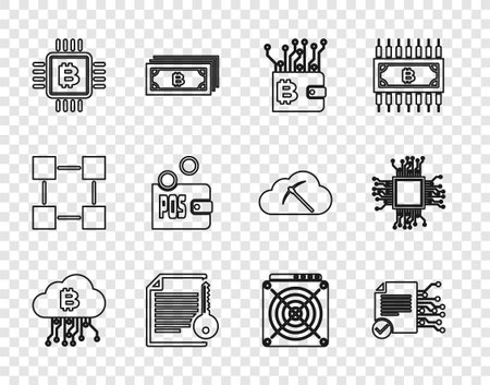 Set line Cryptocurrency cloud mining Smart contract wallet CPU farm Proof of stake ASIC Miner and Processor icon. Vector.のイラスト素材