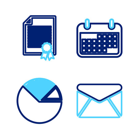 Set line Envelope Pie chart infographic Calendar and Certificate template icon. Vector.のイラスト素材