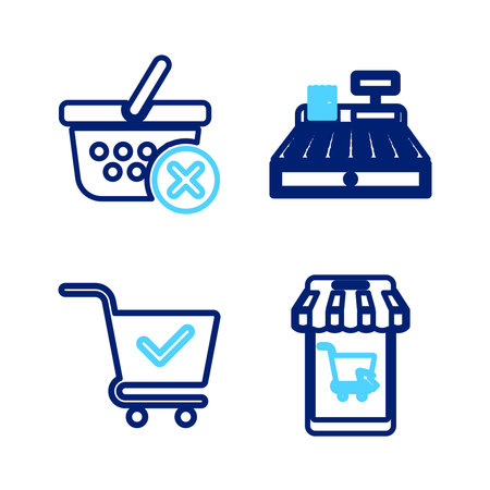 Set line Mobile and shopping cart Shopping with check mark Cash register machine and Remove basket icon. Vector.のイラスト素材