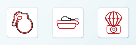 Set line Parachute with first aid kit Hand grenade and Military tank icon. Vector.