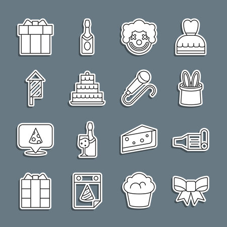 Set line Gift bow Birthday party horn Magician hat and rabbit ears Clown head Cake with burning candles Firework rocket box and Microphone icon. Vector.のイラスト素材