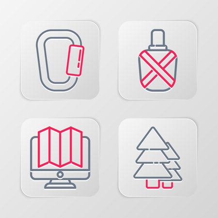 Set line Tree Location of the forest in monitor Canteen water bottle and Carabiner icon. Vector.のイラスト素材