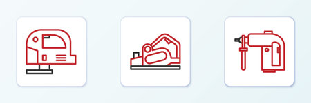 Set line Rotary hammer drill machine Electric jigsaw and planer tool icon. Vector.のイラスト素材