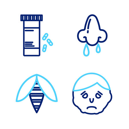 Set line Inflammation on face Bee Runny nose and Medicine bottle and pills icon. Vector.のイラスト素材