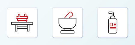 Set line Cream or lotion cosmetic tube Sauna bench with bucket and Mortar and pestle icon. Vector.のイラスト素材
