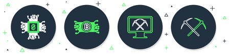 Set line Cryptocurrency bitcoin in circuit Mining with monitor and pickaxe CPU mining farm and Crossed icon. Vector.のイラスト素材