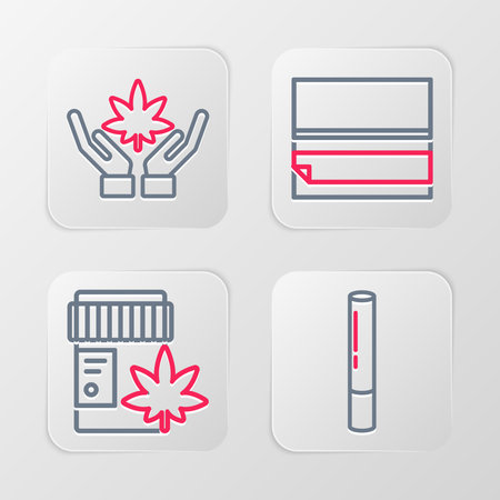 Set line Marijuana joint Medical bottle with marijuana Rolling paper and or cannabis leaf icon. Vector.のイラスト素材