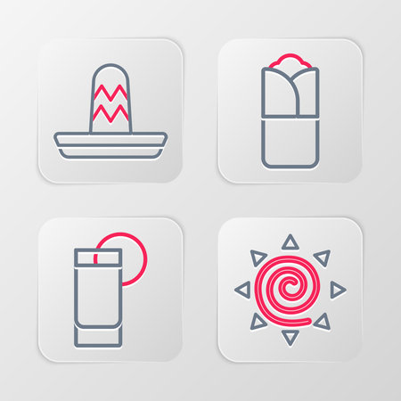 Set line Sun Tequila glass with lemon Burrito and Mexican sombrero icon. Vector.のイラスト素材
