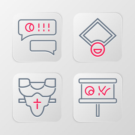 Set line Planning strategy Player chest protector Baseball field and Speech bubble chat baseball icon. Vector.のイラスト素材
