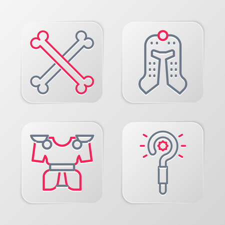 Set line Magic wand Body armor Medieval helmet and Crossed human bones icon. Vector.のイラスト素材