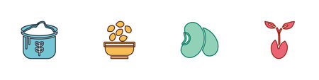 Set Bag of flour, Seeds in bowl, Beans and Sprout icon. Vector.のイラスト素材